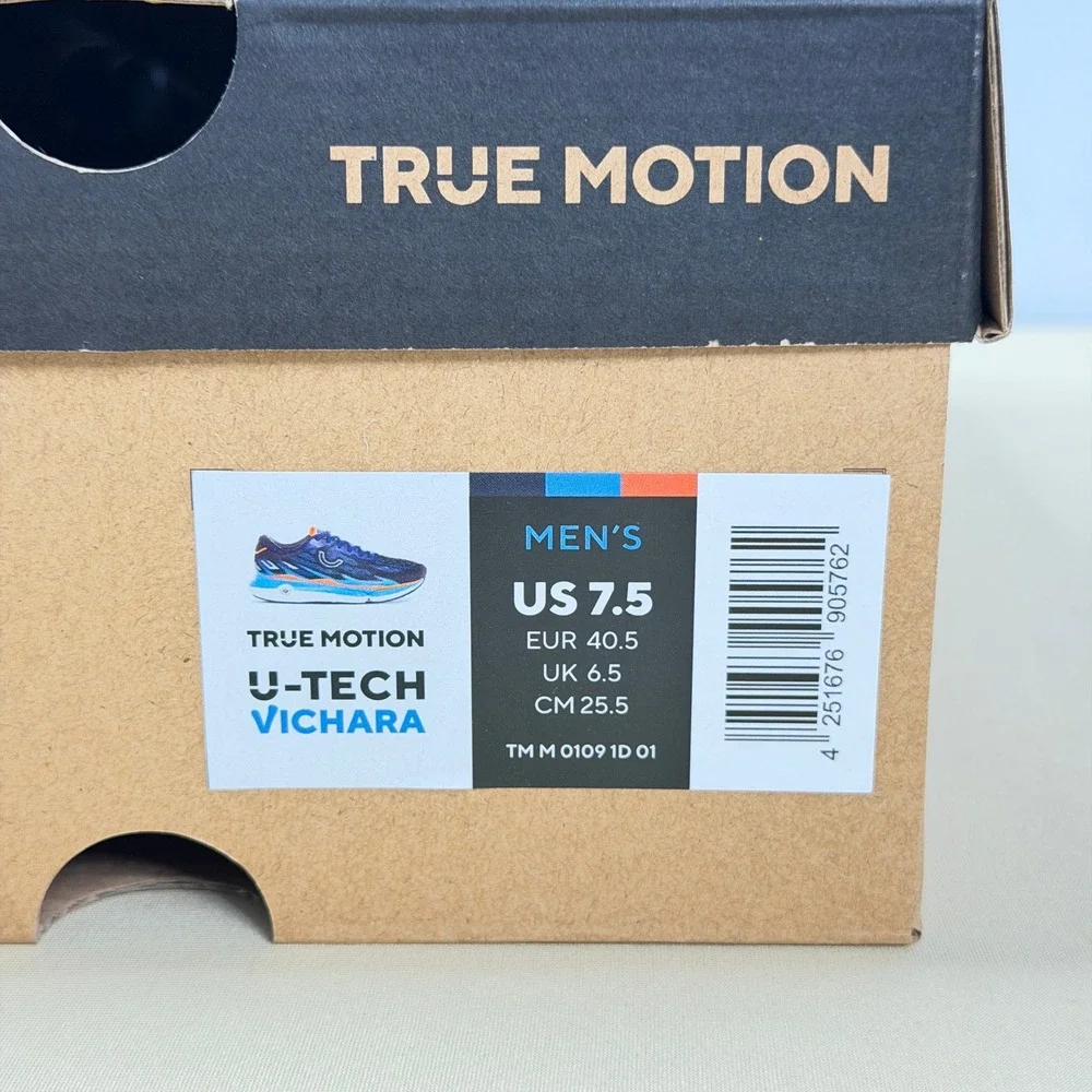 True Motion U-TECH Vichara Running Shoes Men 7.5 Navy Blue Orange Perform NWT